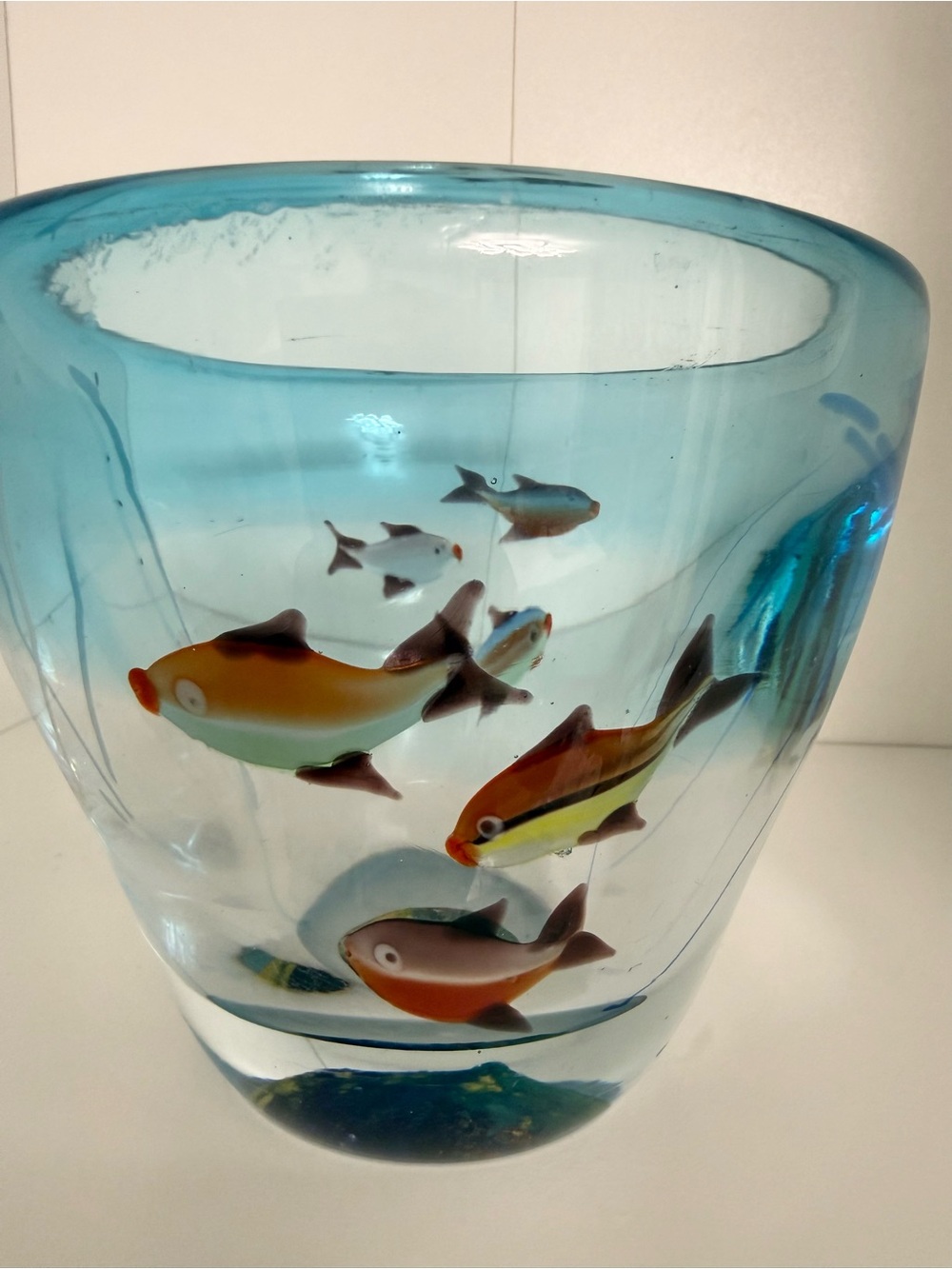 Blue Blown Art Glass Fish Aquarium Vase Murano Style 5.5 inche